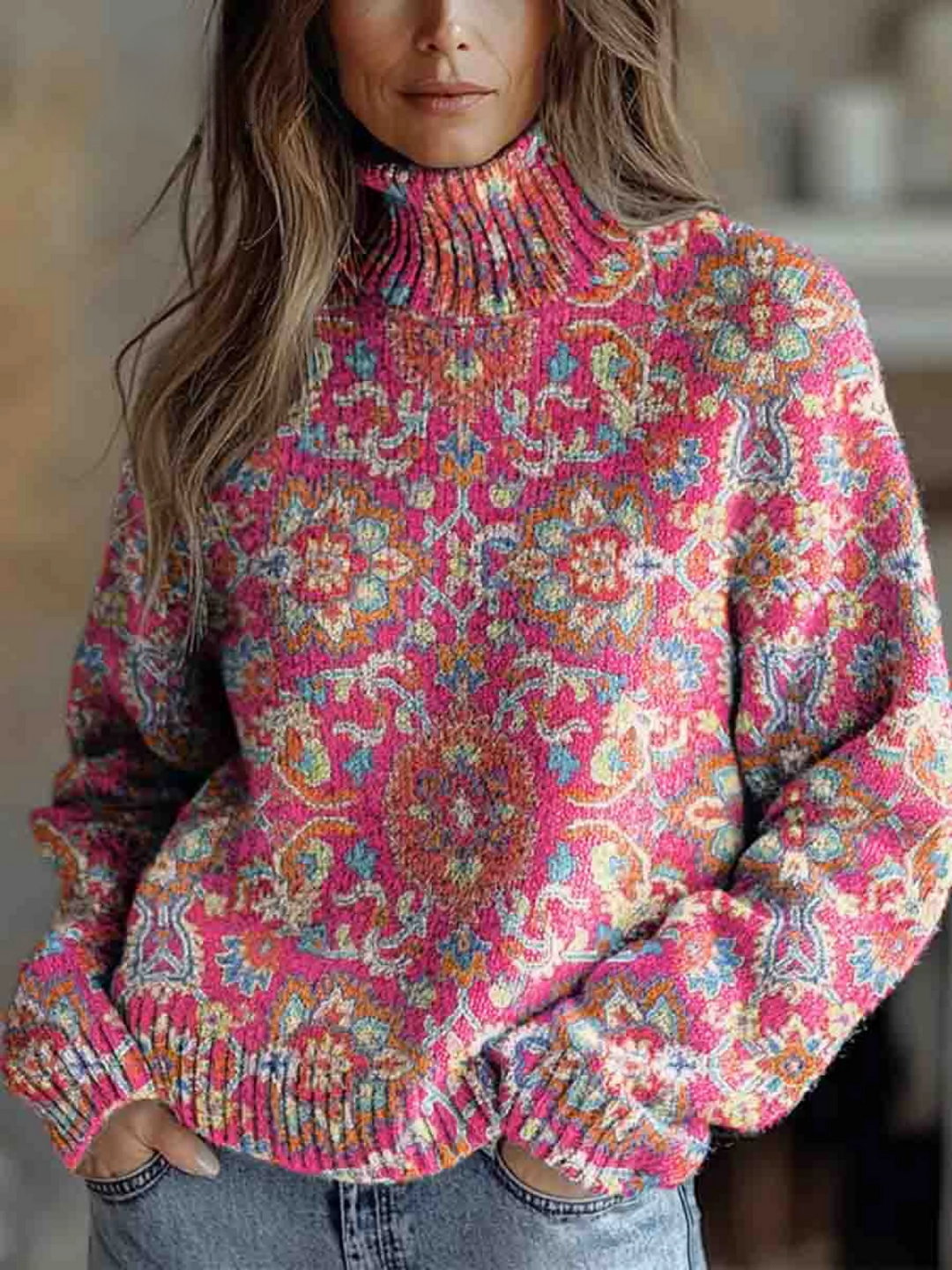 Rollkragenpullover mit retro-ethnischem Blumenprint