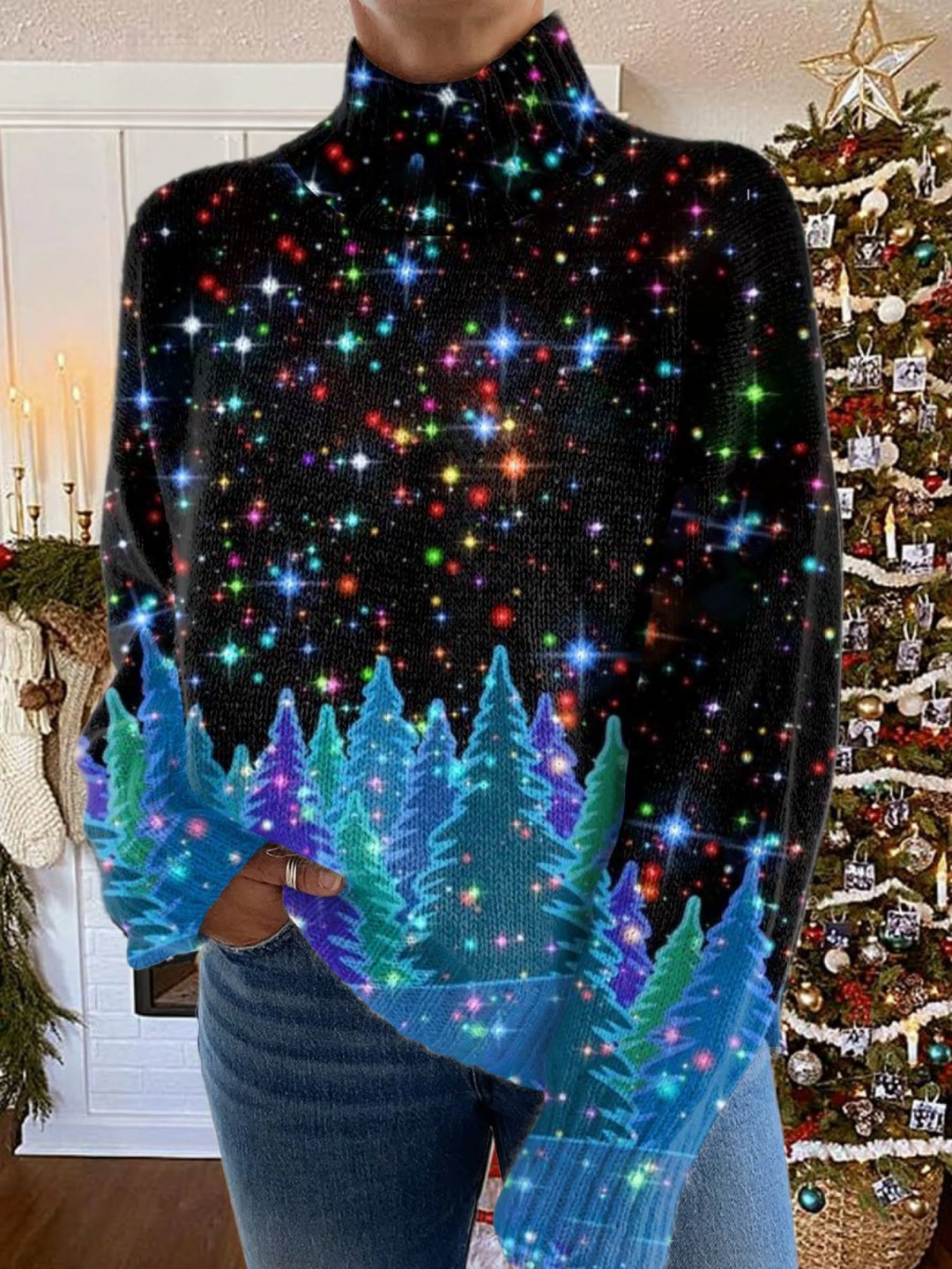 Rollkragenpullover mit Glitzer-Weihnachtsprint