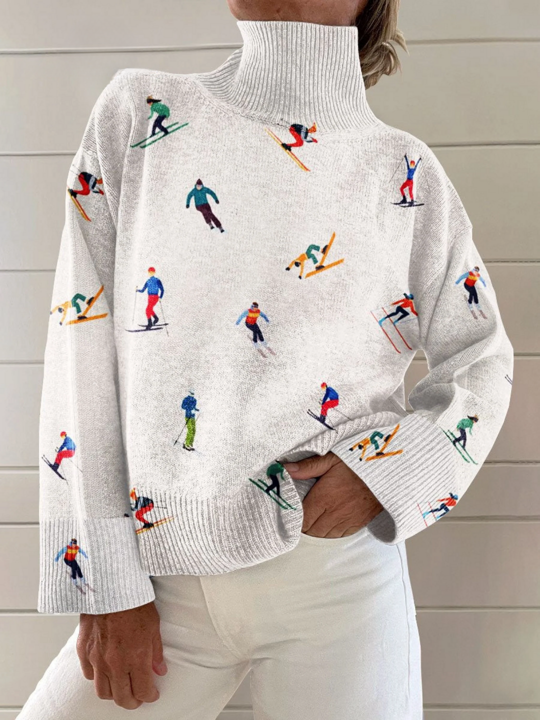 Vintage Rollkragenpullover mit Ski-Print