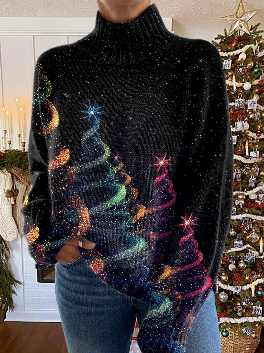 Rollkragenpullover mit Glitzer-Weihnachtsbaum-Print