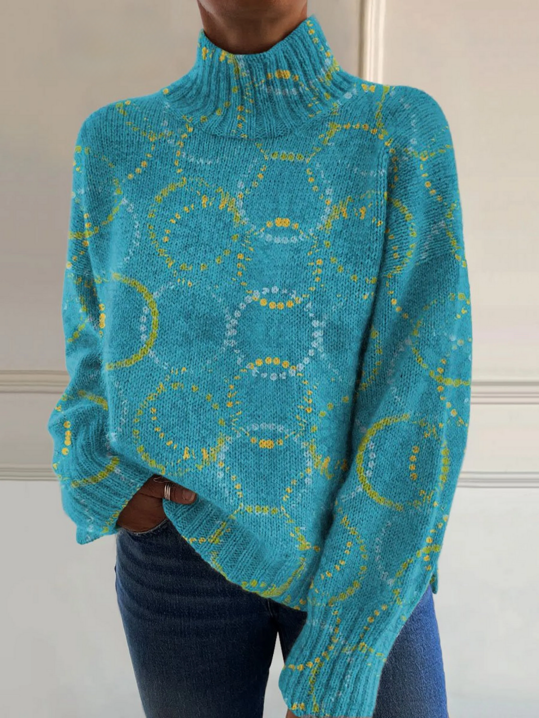 Rollkragenpullover mit buntem Kreis-Print