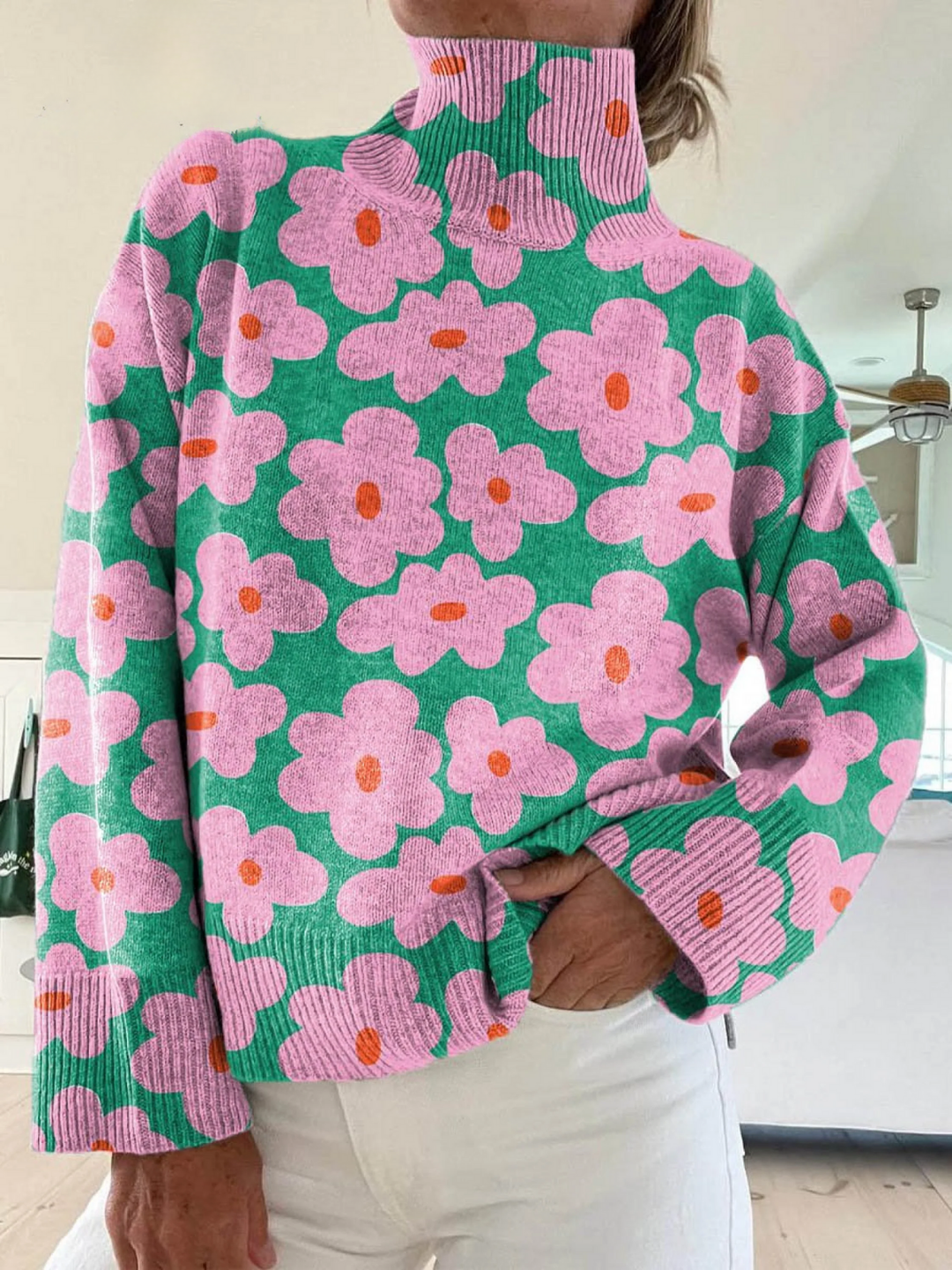 Strick-Rollkragenpullover mit floralem Kunstmuster