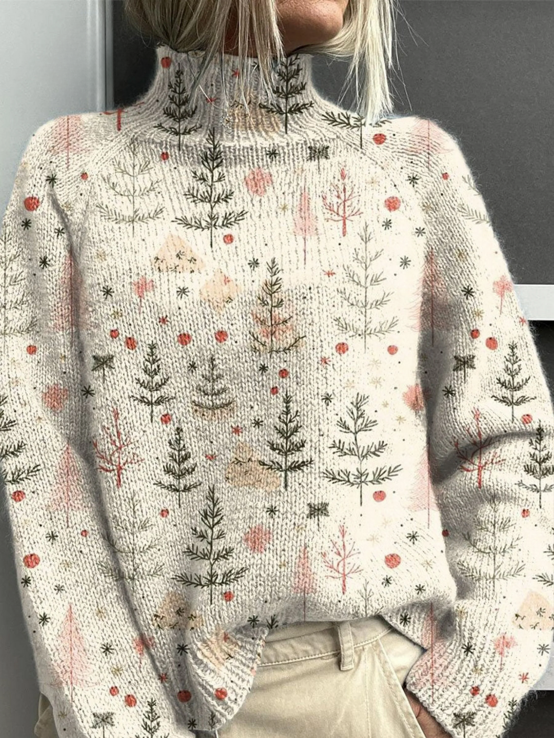 Rollkragenpullover mit Weihnachtsbaum-Print