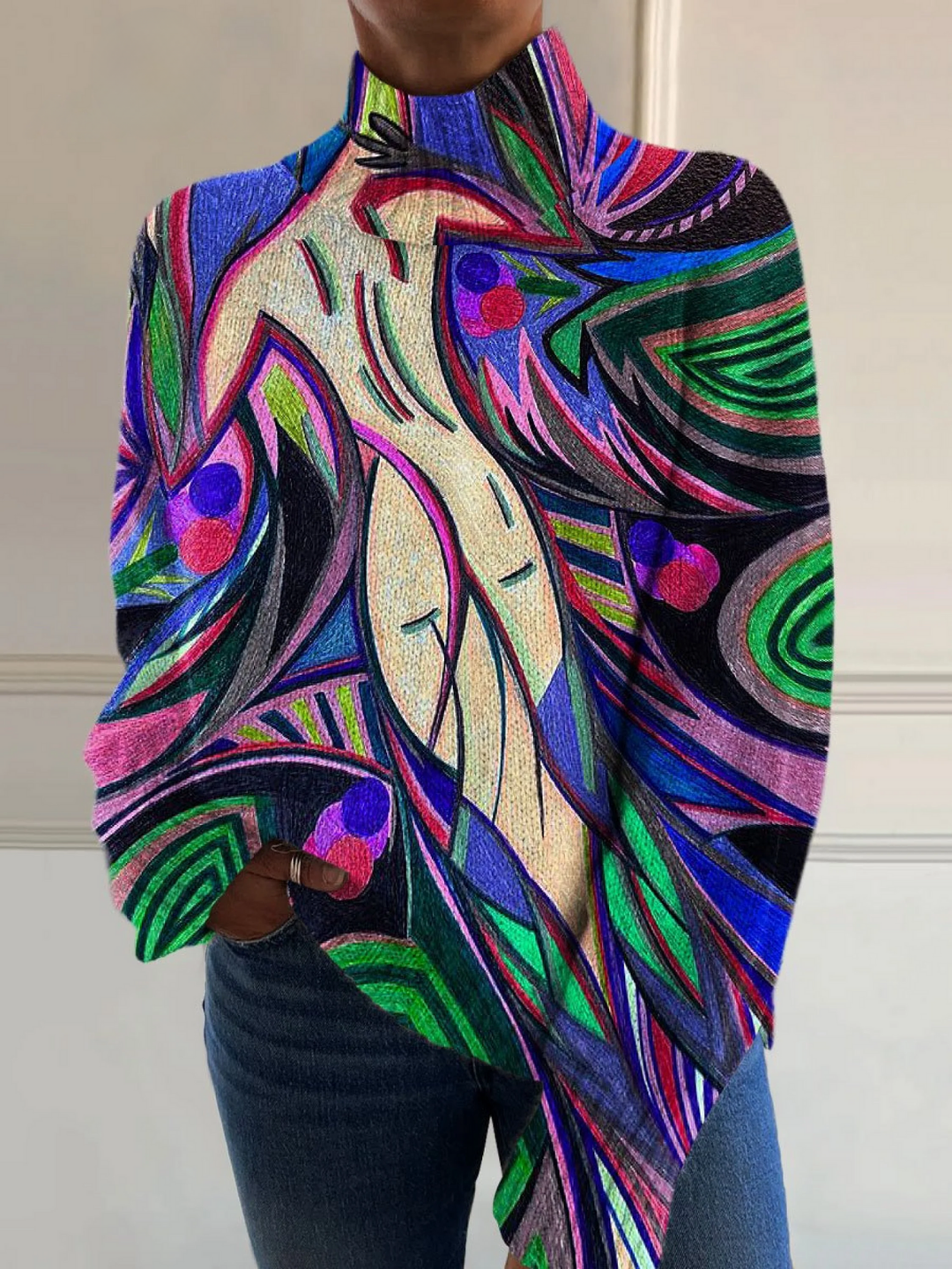 Retro Rollkragenpullover mit abstraktem Kunst-Print
