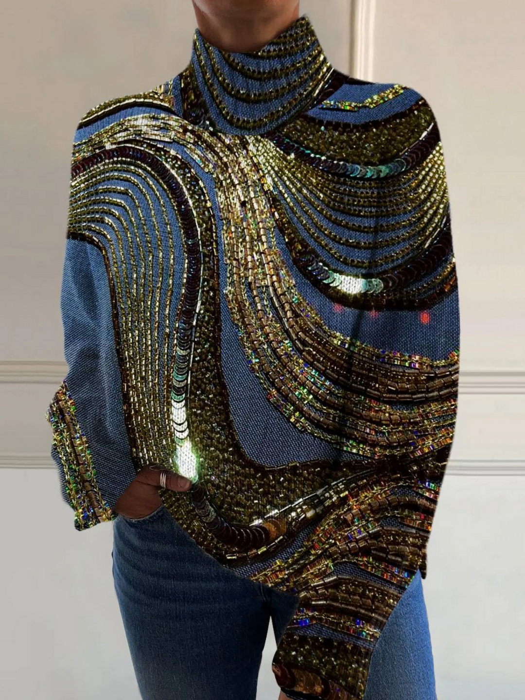 Rollkragenpullover mit luxuriösem Perlen-Print
