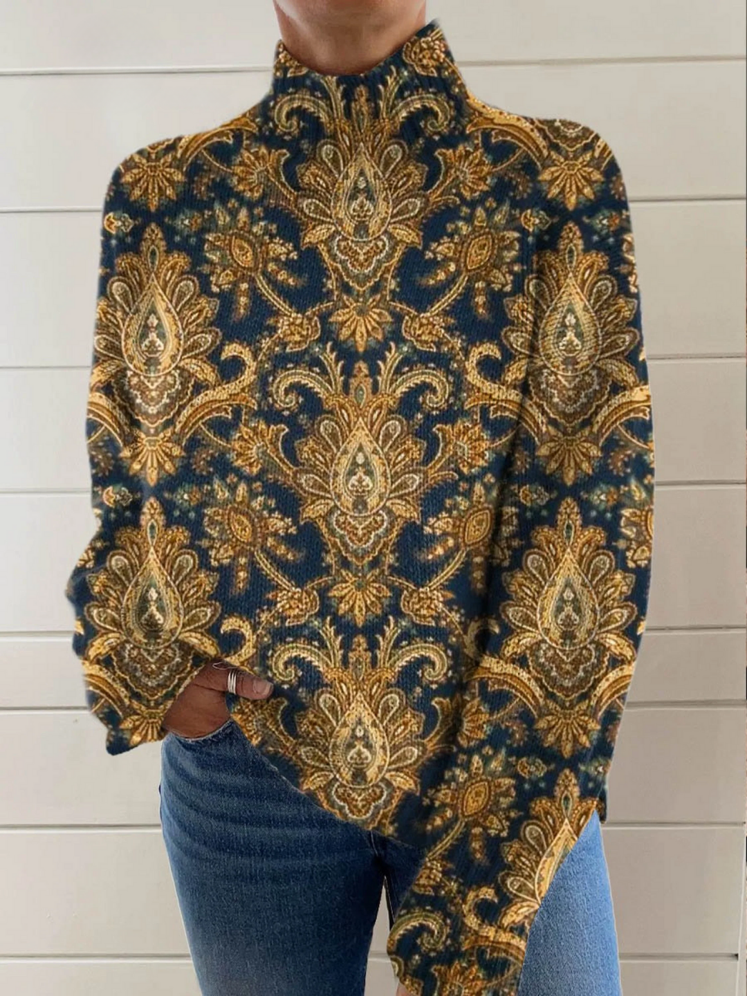 Rollkragenpullover mit floralem Vintage-Print