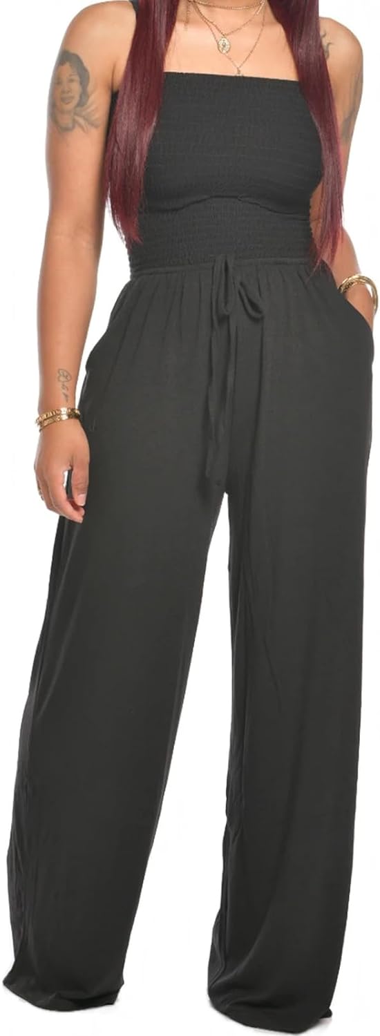 Lola - Schulterfreier Einfarbiger Gesmokter Jumpsuit