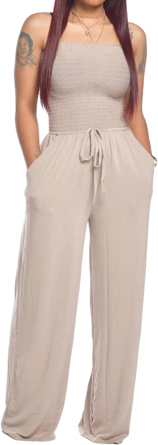 Lola - Schulterfreier Einfarbiger Gesmokter Jumpsuit