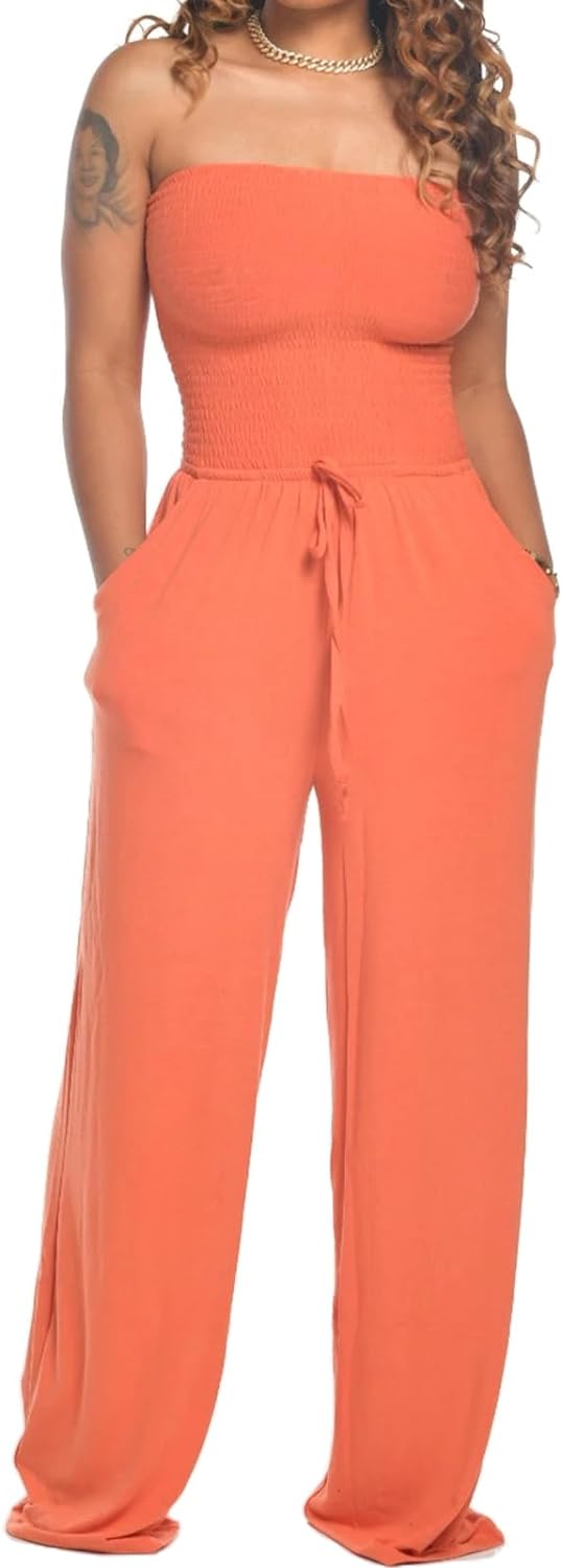 Lola - Schulterfreier Einfarbiger Gesmokter Jumpsuit