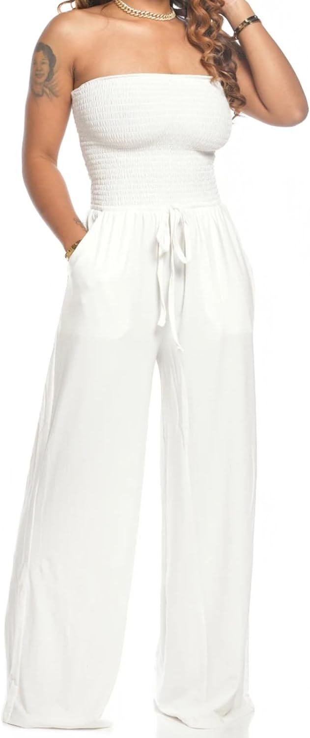 Lola - Schulterfreier Einfarbiger Gesmokter Jumpsuit