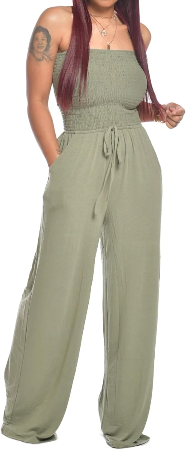 Lola - Schulterfreier Einfarbiger Gesmokter Jumpsuit