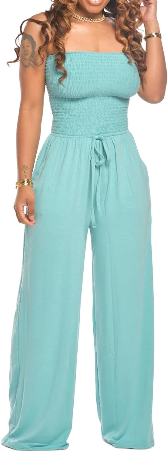 Lola - Schulterfreier Einfarbiger Gesmokter Jumpsuit