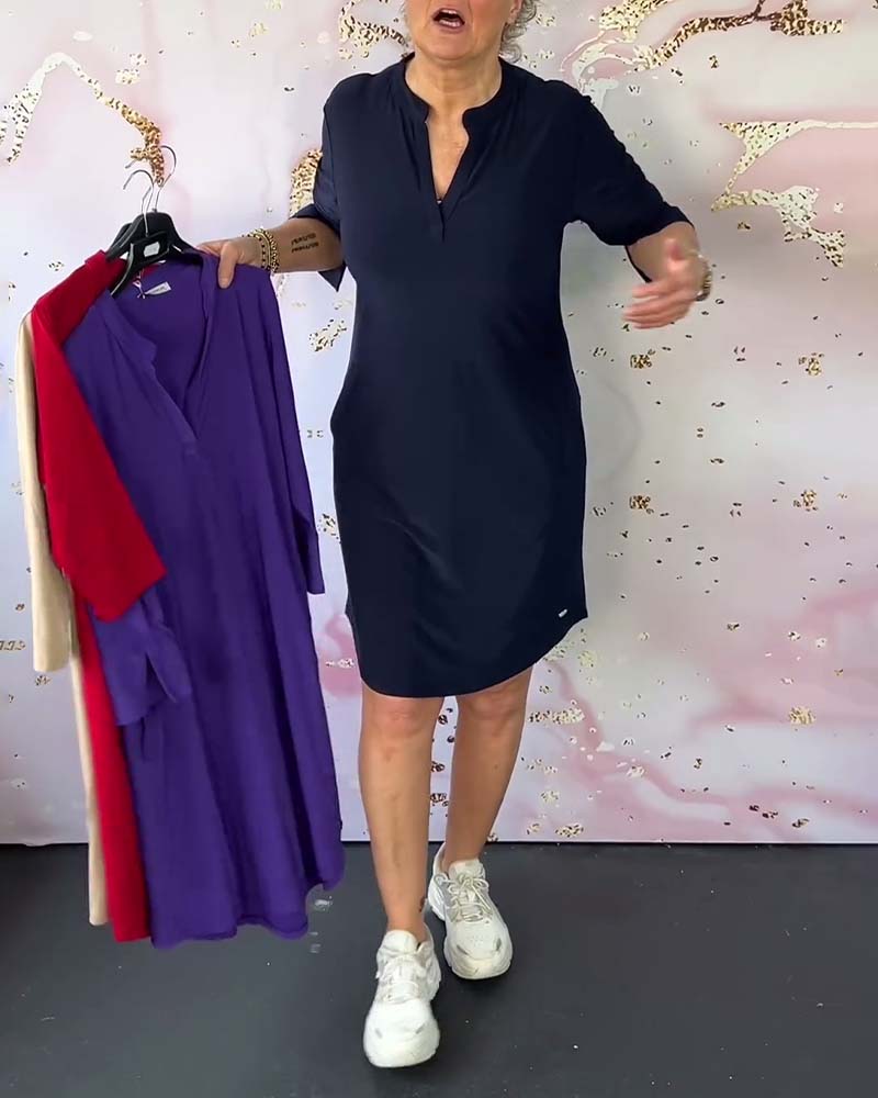 Hanneke - Einfarbiges Kleid mit V-Ausschnitt