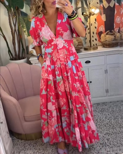 Isabeau - Bequemes langes Kleid mit V-Ausschnitt und Taschen
