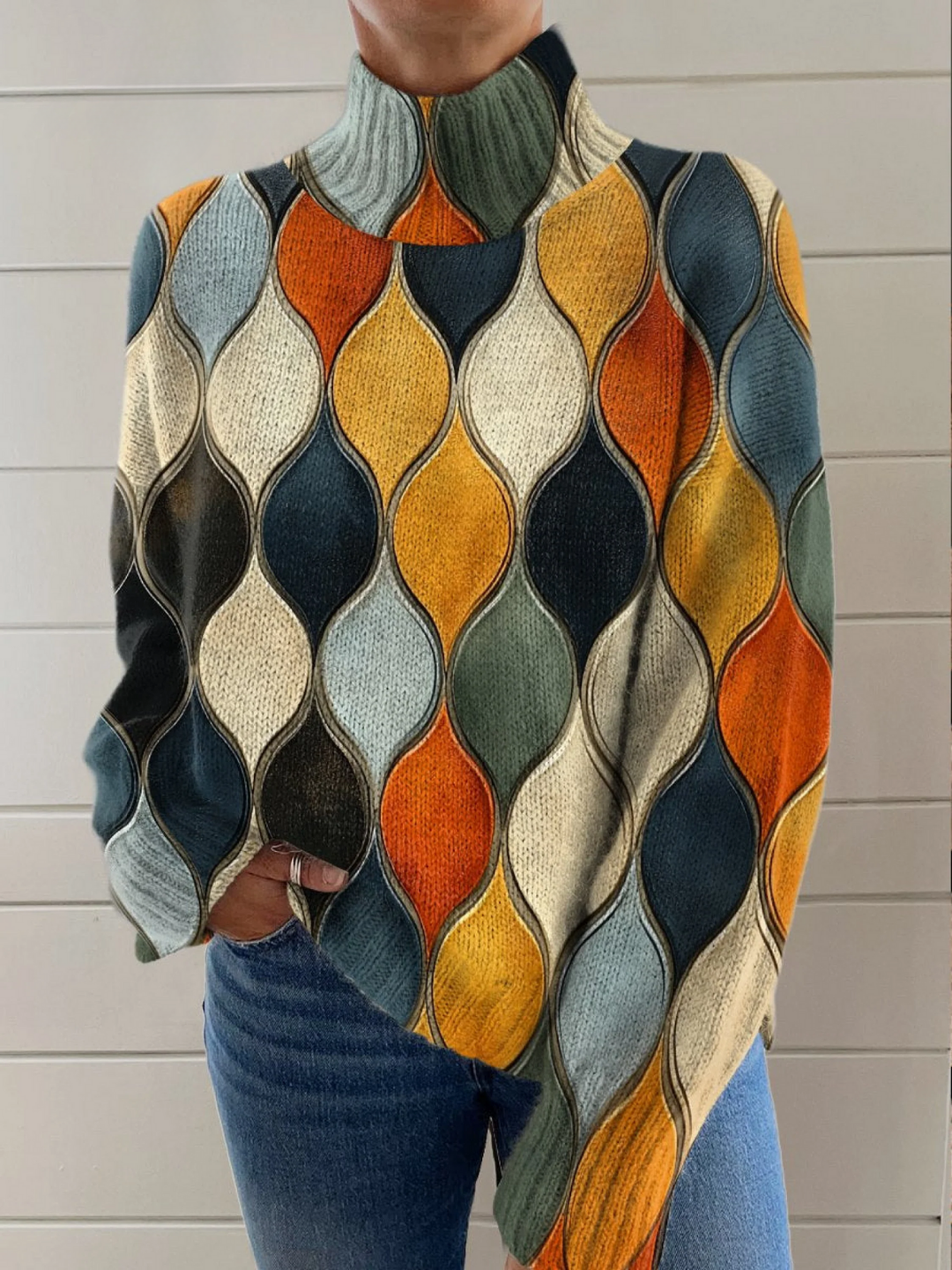Rollkragenpullover mit abstraktem Wellen- und Ovalmuster