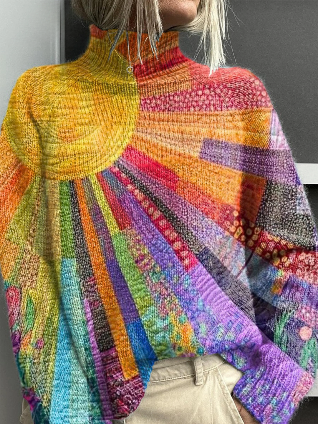 Rollkragenpullover mit buntem Sonnen-Print