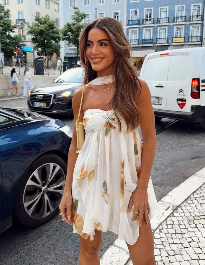 Isabel | Halterneck Minikleid mit Rüschen und Print
