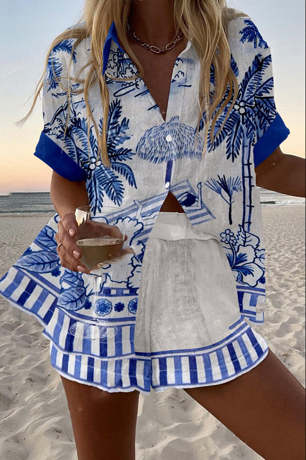 Zanika™ | Leinen-Shorts-Set mit Palmenmuster