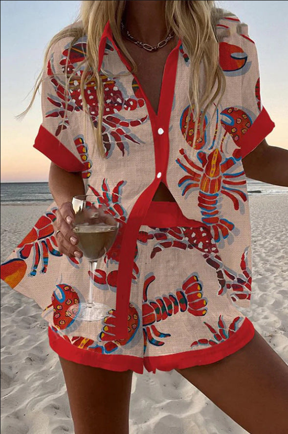 Daphira™ | Leinen-Shorts-Set mit Hummer-Print