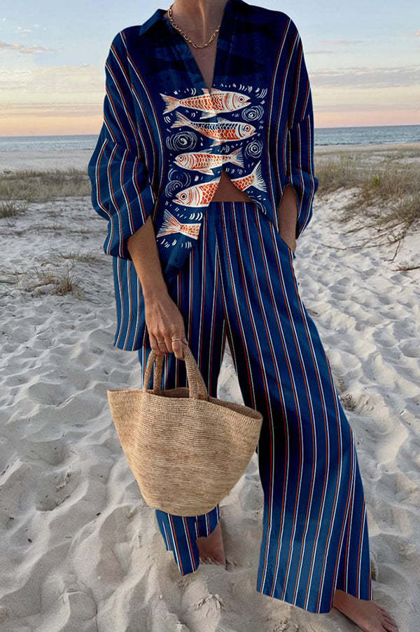 Zairine™ | Leinen-Set mit blauem Koi-Print