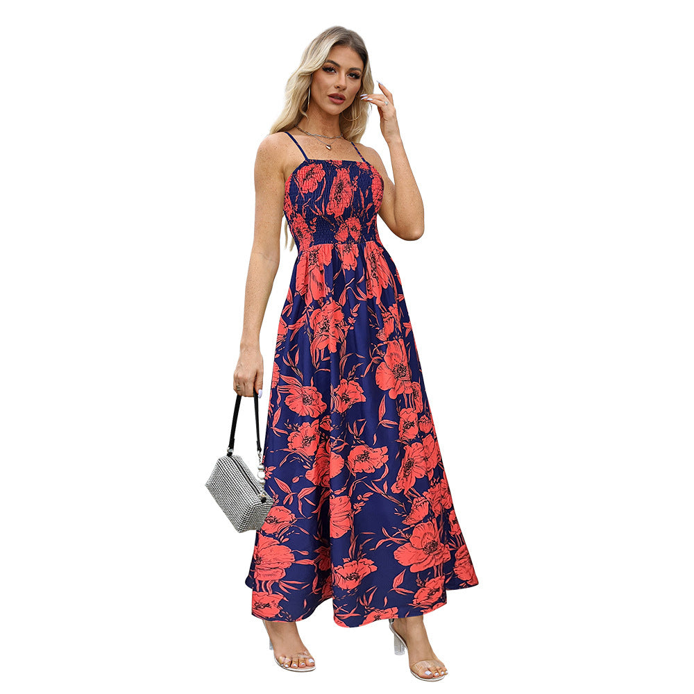 Emma - Blumiges, gerafftes Maxikleid mit Spaghettiträgern