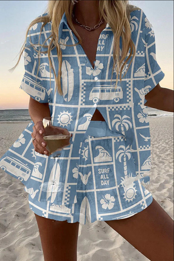 Trenara™ | Leinen-Shorts-Set mit Caravan-Print