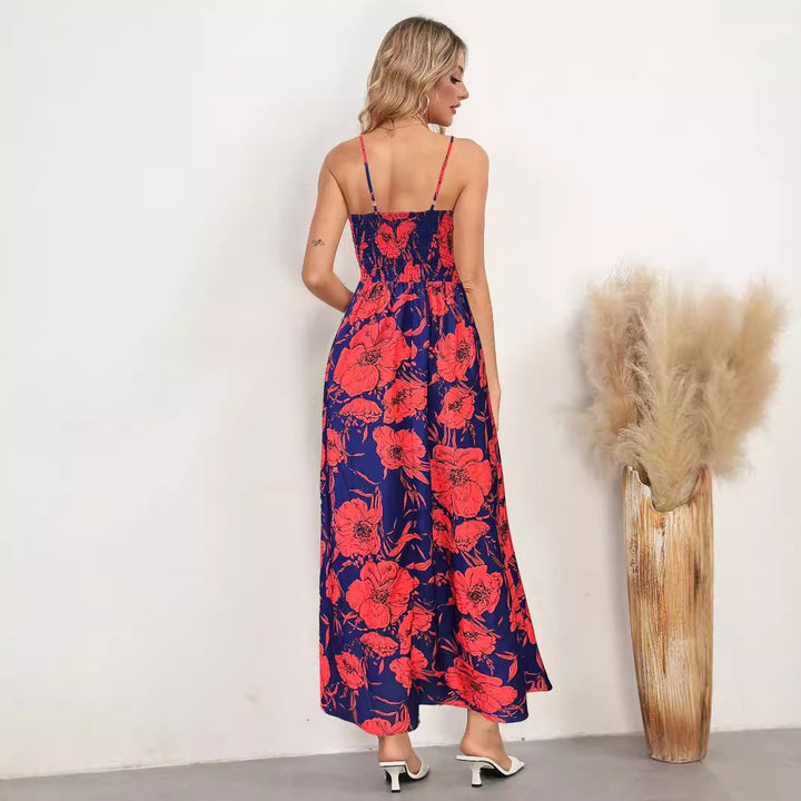 Emma - Blumiges, gerafftes Maxikleid mit Spaghettiträgern
