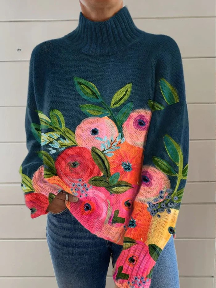 Retro Rollkragenpullover mit Blumenprint