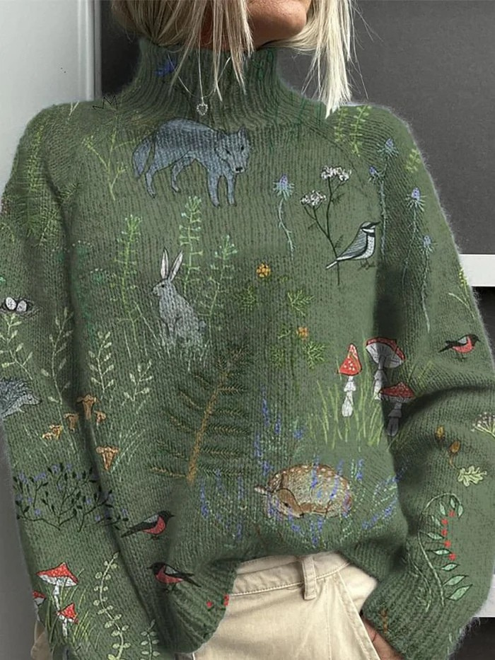 Rollkragenpullover mit Wald- und Tiermuster