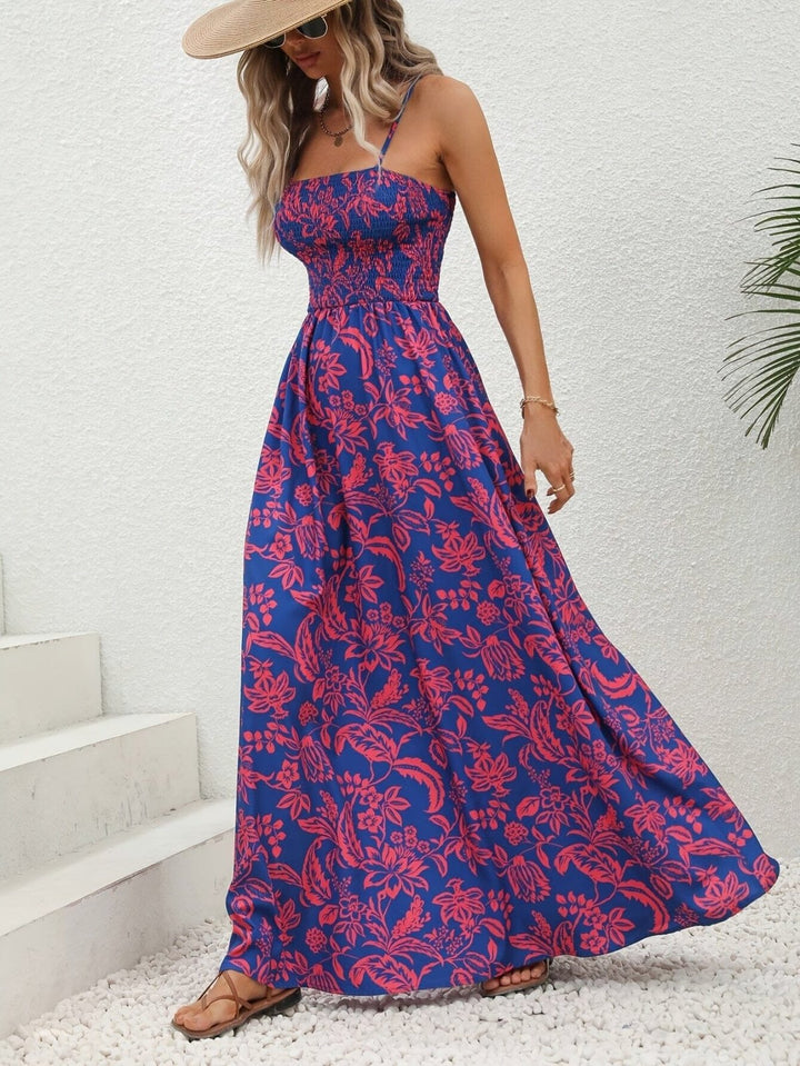 Emma - Blumiges, gerafftes Maxikleid mit Spaghettiträgern