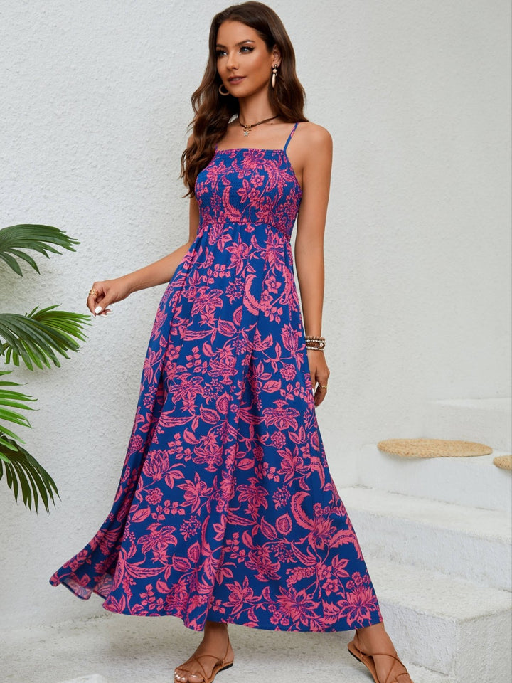 Emma - Blumiges, gerafftes Maxikleid mit Spaghettiträgern