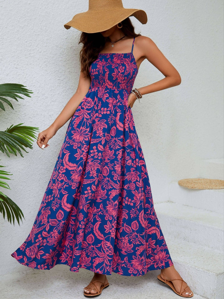 Emma - Blumiges, gerafftes Maxikleid mit Spaghettiträgern