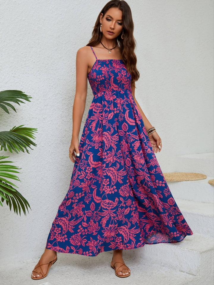 Emma - Blumiges, gerafftes Maxikleid mit Spaghettiträgern