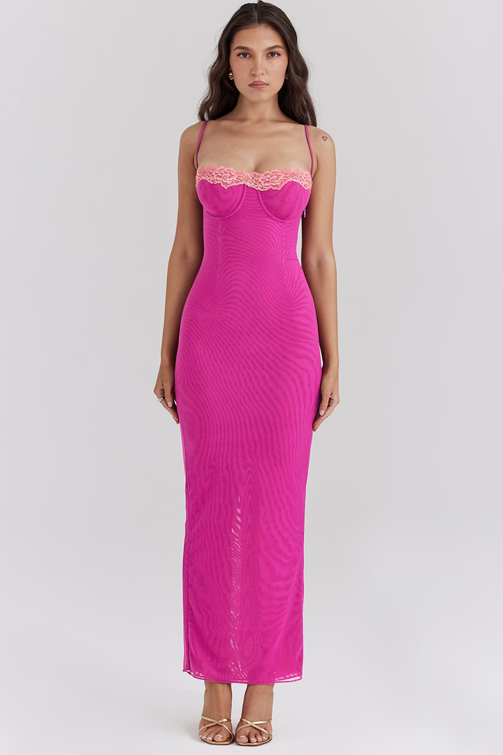 Dione - Maxikleid mit Kontrastspitze und Schlitz