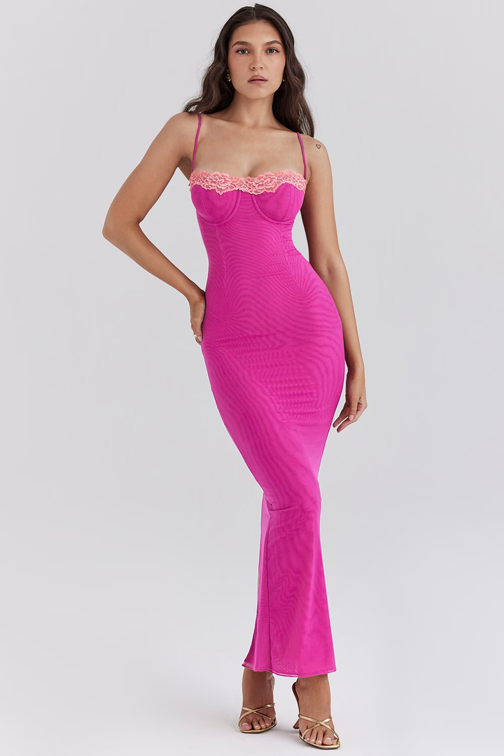 Dione - Maxikleid mit Kontrastspitze und Schlitz
