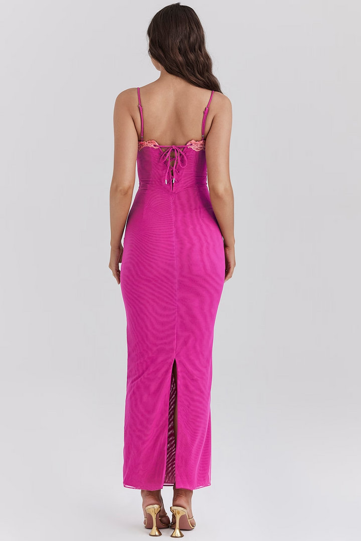 Dione - Maxikleid mit Kontrastspitze und Schlitz