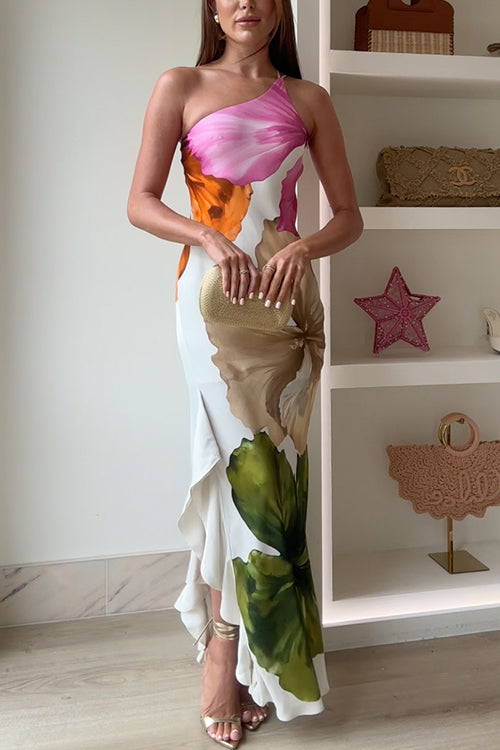 Ivy - Schulterfreies Maxikleid mit Blumenmuster, Drapierung und Beinschlitz