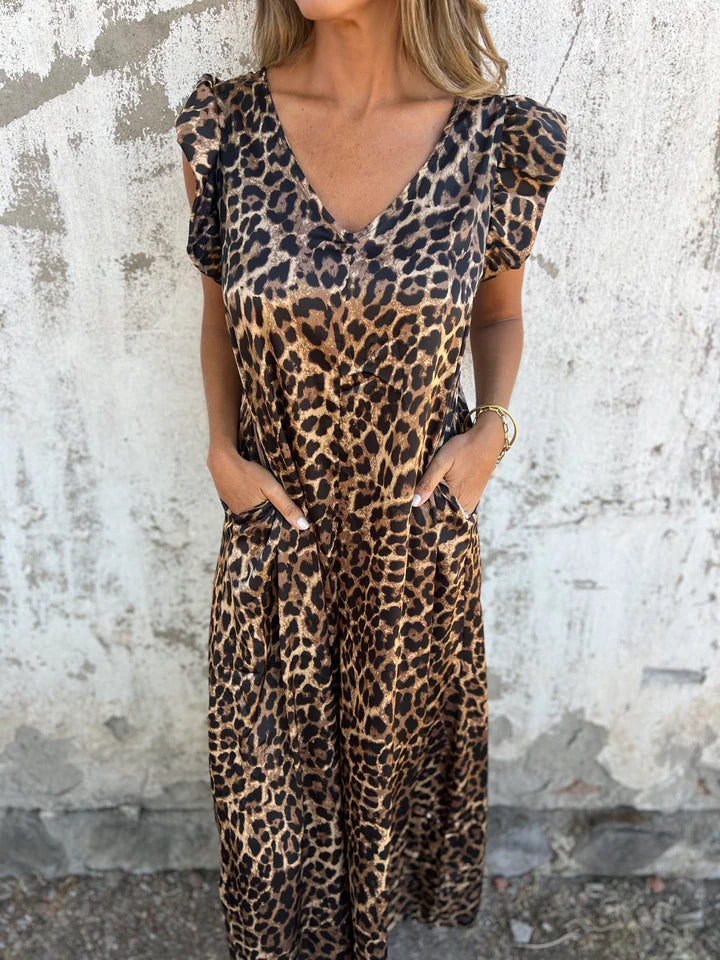 OLIVETTE - Leopardenmuster Maxikleid mit V-Ausschnitt