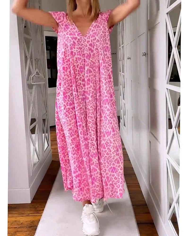 Rosma - Langes bedrucktes Kleid mit V-Ausschnitt und kurzen Ärmeln