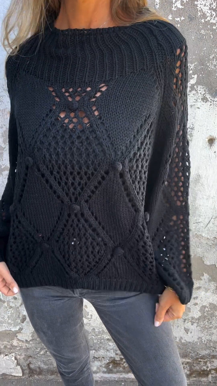 Kassandra - Rundhals Langarm-Stricktop mit Hohldesign