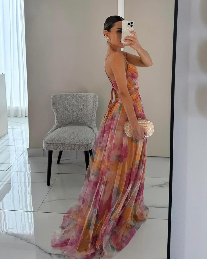 Eirith - Elegantes bedrucktes Maxikleid mit Schnürung