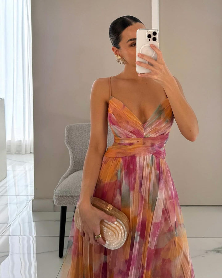 Eirith - Elegantes bedrucktes Maxikleid mit Schnürung