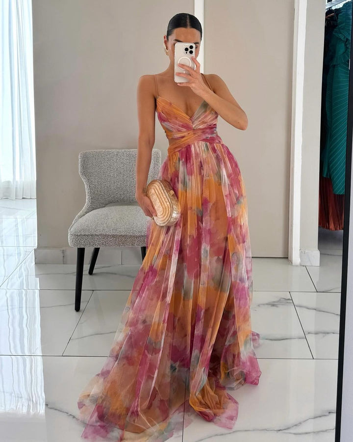 Eirith - Elegantes bedrucktes Maxikleid mit Schnürung
