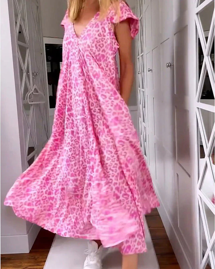 Rosma - Langes bedrucktes Kleid mit V-Ausschnitt und kurzen Ärmeln