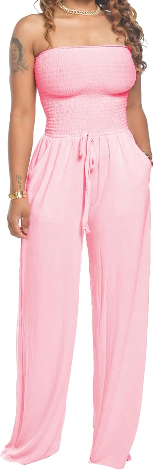 Lola - Schulterfreier Einfarbiger Gesmokter Jumpsuit