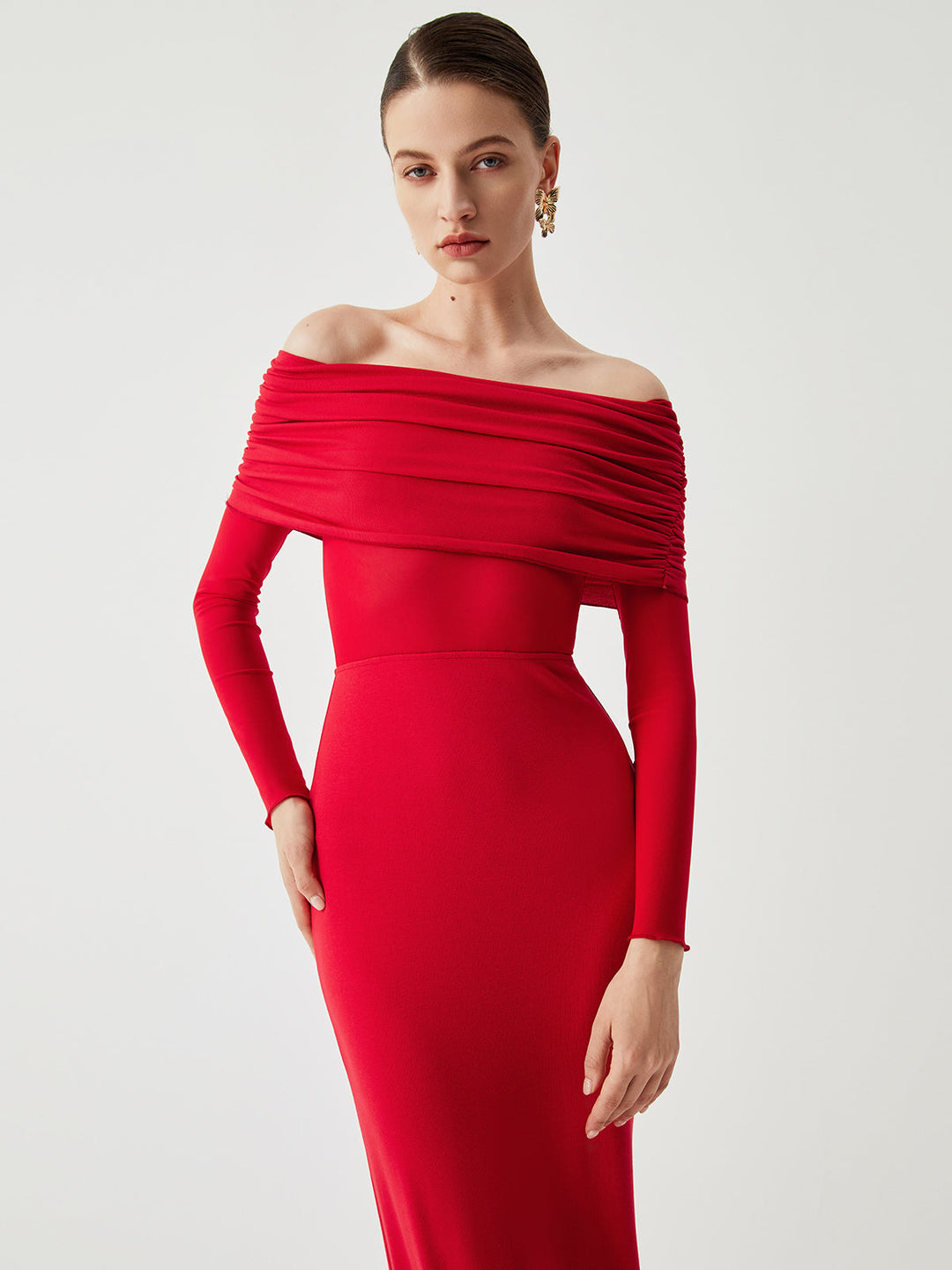 Elithra – Off-Shoulder-Overfold-Mesh-Maxikleid