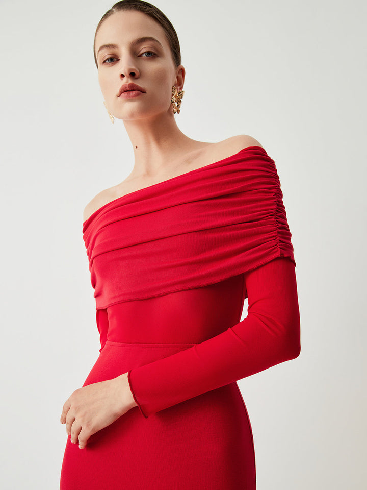 Elithra – Off-Shoulder-Overfold-Mesh-Maxikleid