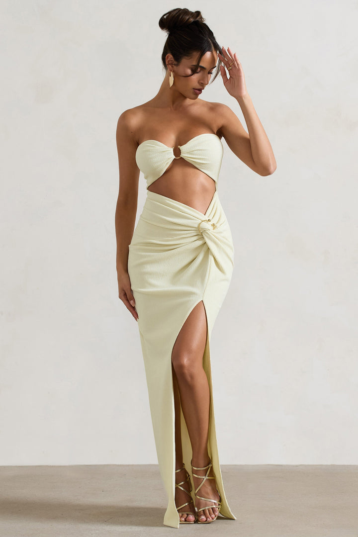 Cancun™ | Ecrufarbenes, trägerloses Maxikleid mit Cut-outs und Twist