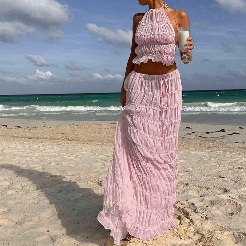 Odalys™ | Boho gerafftes Halter Rückenausschnitt Maxi Set