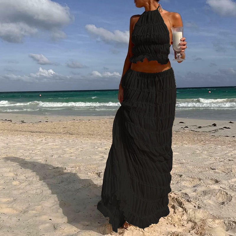 Odalys™ | Boho gerafftes Halter Rückenausschnitt Maxi Set